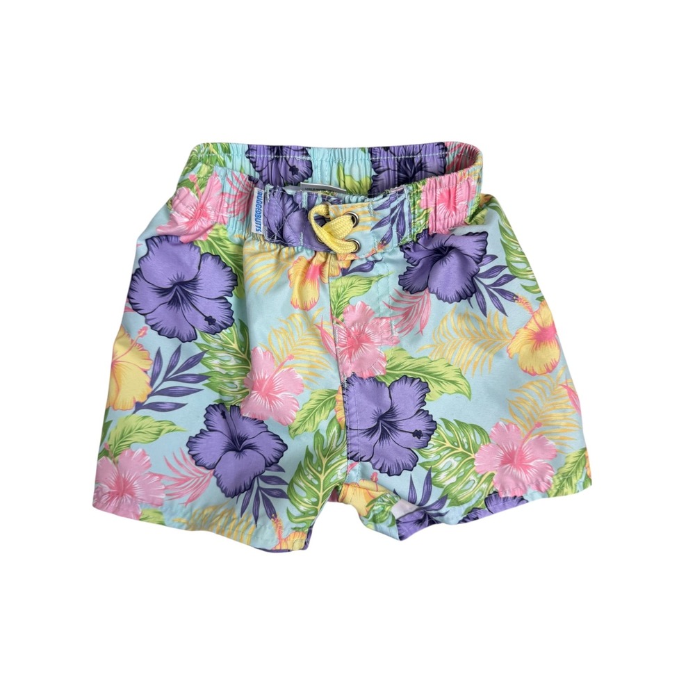RuggedButts Boys Tropical‎ Hibiscus Floral Swim Trunks Blue Purple 12-18M